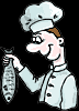 Koch mit Hering in der Hand